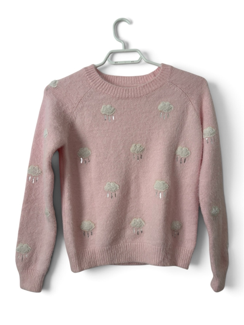 Soft Fuzzy Pastel Pink Sweater Embroidered Clouds Sequin Raindrops Cozy size S